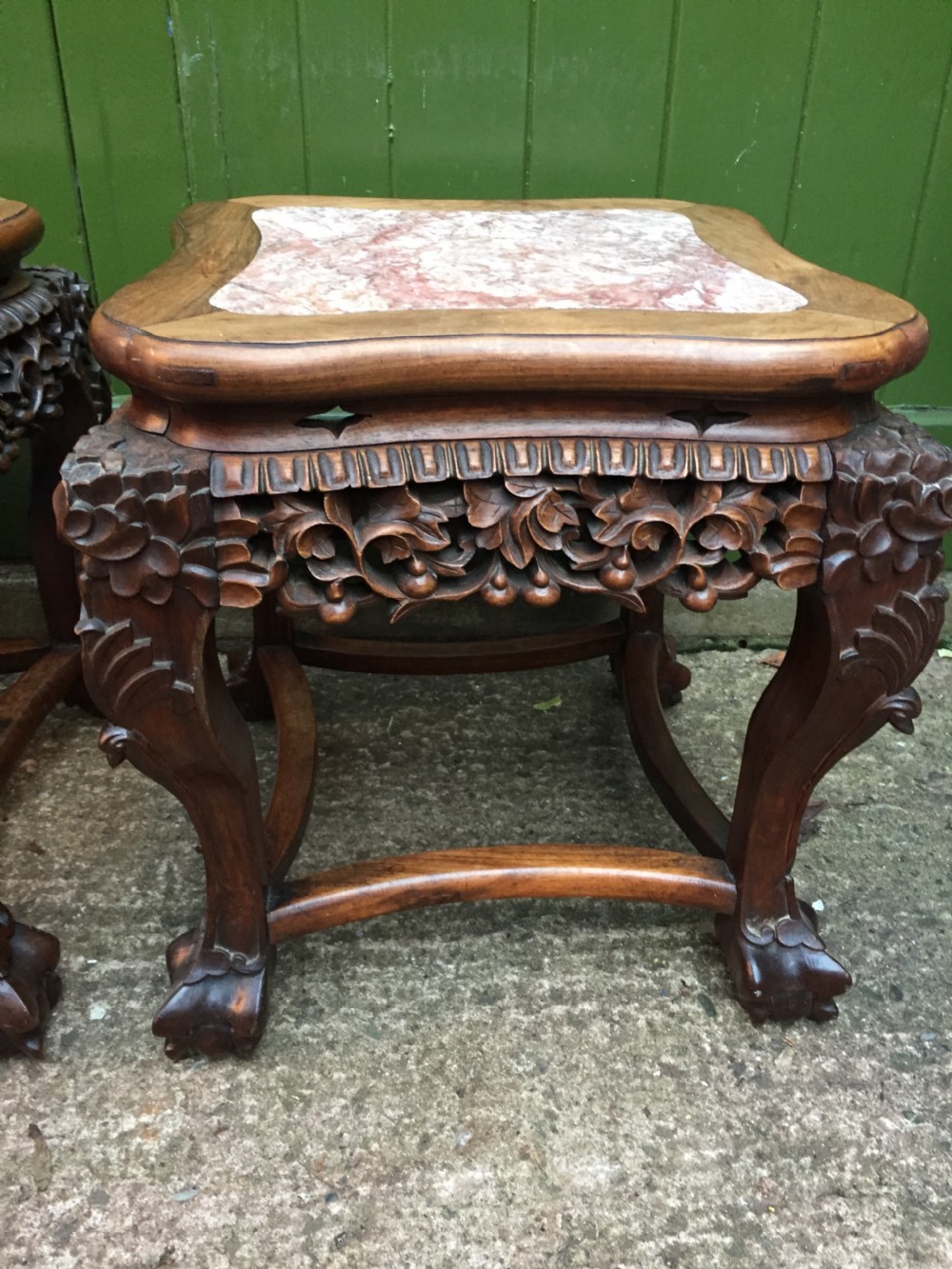 Pair of late C19th Chinese Qing Dynasty carved hardwood inset marble top low jardiniere stands or end tables. View VIII