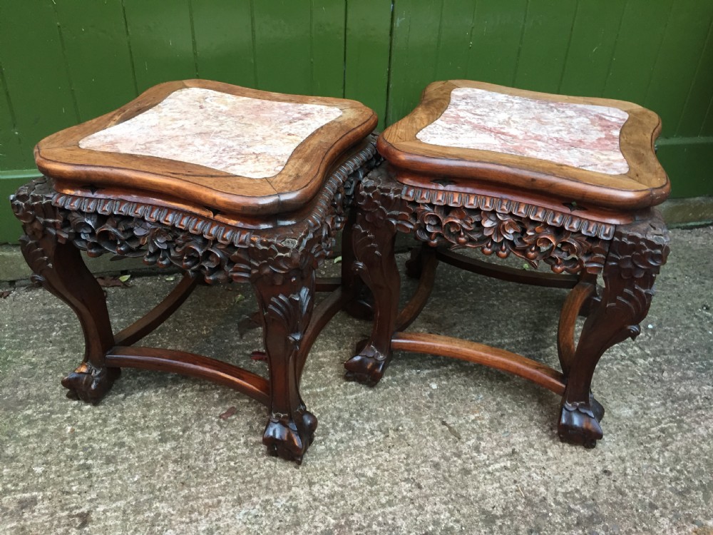 Pair of late C19th Chinese Qing Dynasty carved hardwood inset marble top low jardiniere stands or end tables. View IX