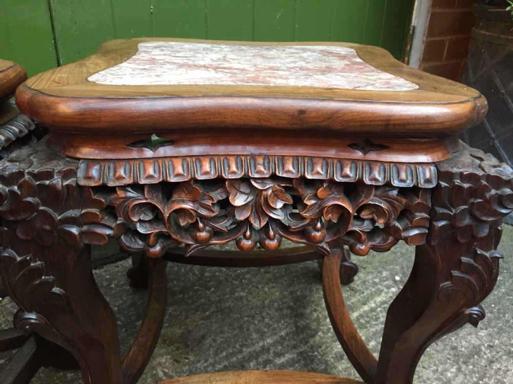 Pair of late C19th Chinese Qing Dynasty carved hardwood inset marble top low jardiniere stands or end tables. View X