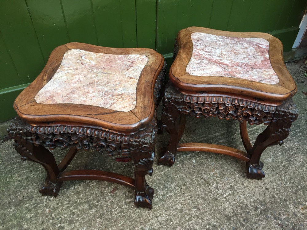 Pair of late C19th Chinese Qing Dynasty carved hardwood inset marble top low jardiniere stands or end tables. View XII