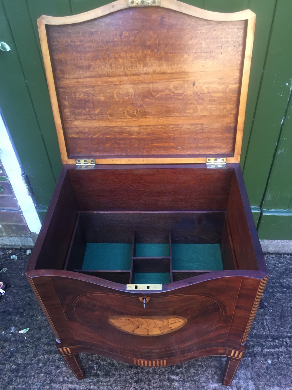 Late C18th George III period Sheraton design mahogany wine cellarette with box-wood and satinwood inlay. View X