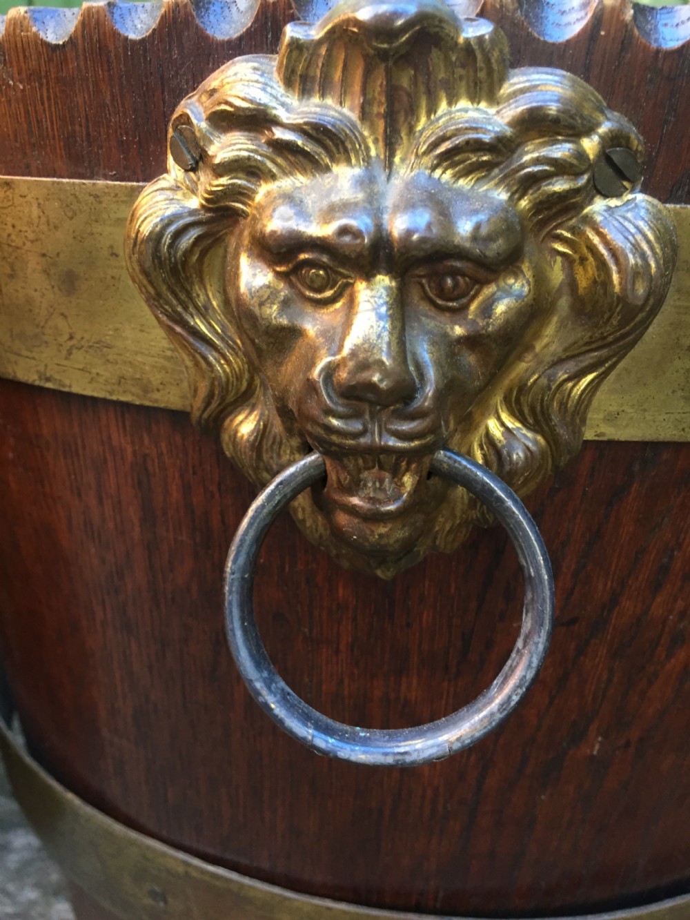 Pair of early C19th brass-bound oak log or peat fireside buckets fitted with brass lions-mask ring handles . View IV