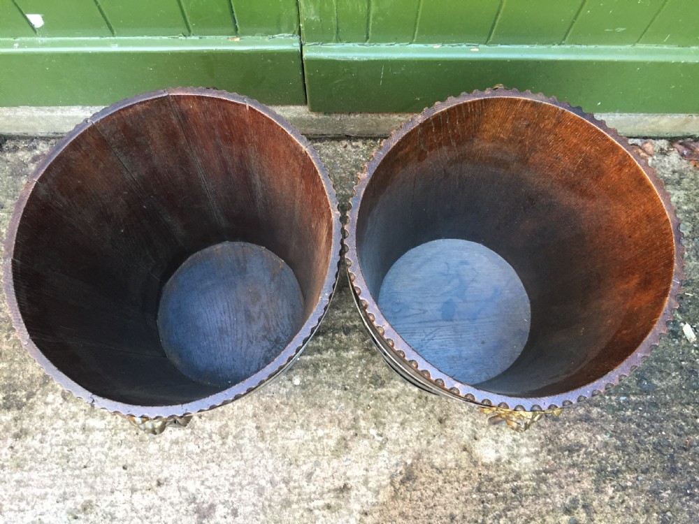 Pair of early C19th brass-bound oak log or peat fireside buckets fitted with brass lions-mask ring handles . View XI
