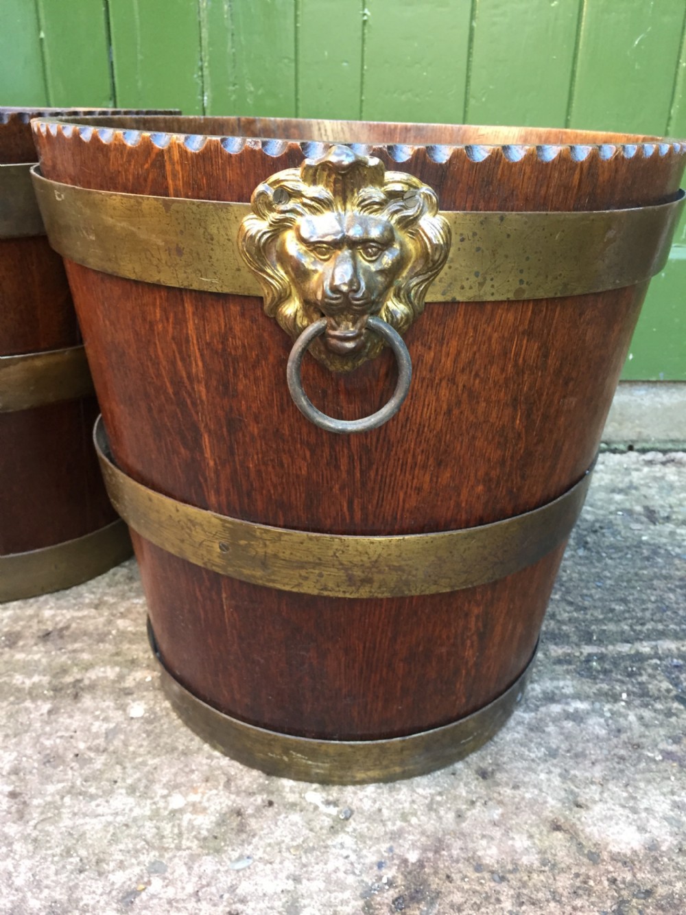 Pair of early C19th brass-bound oak log or peat fireside buckets fitted with brass lions-mask ring handles . View XIV