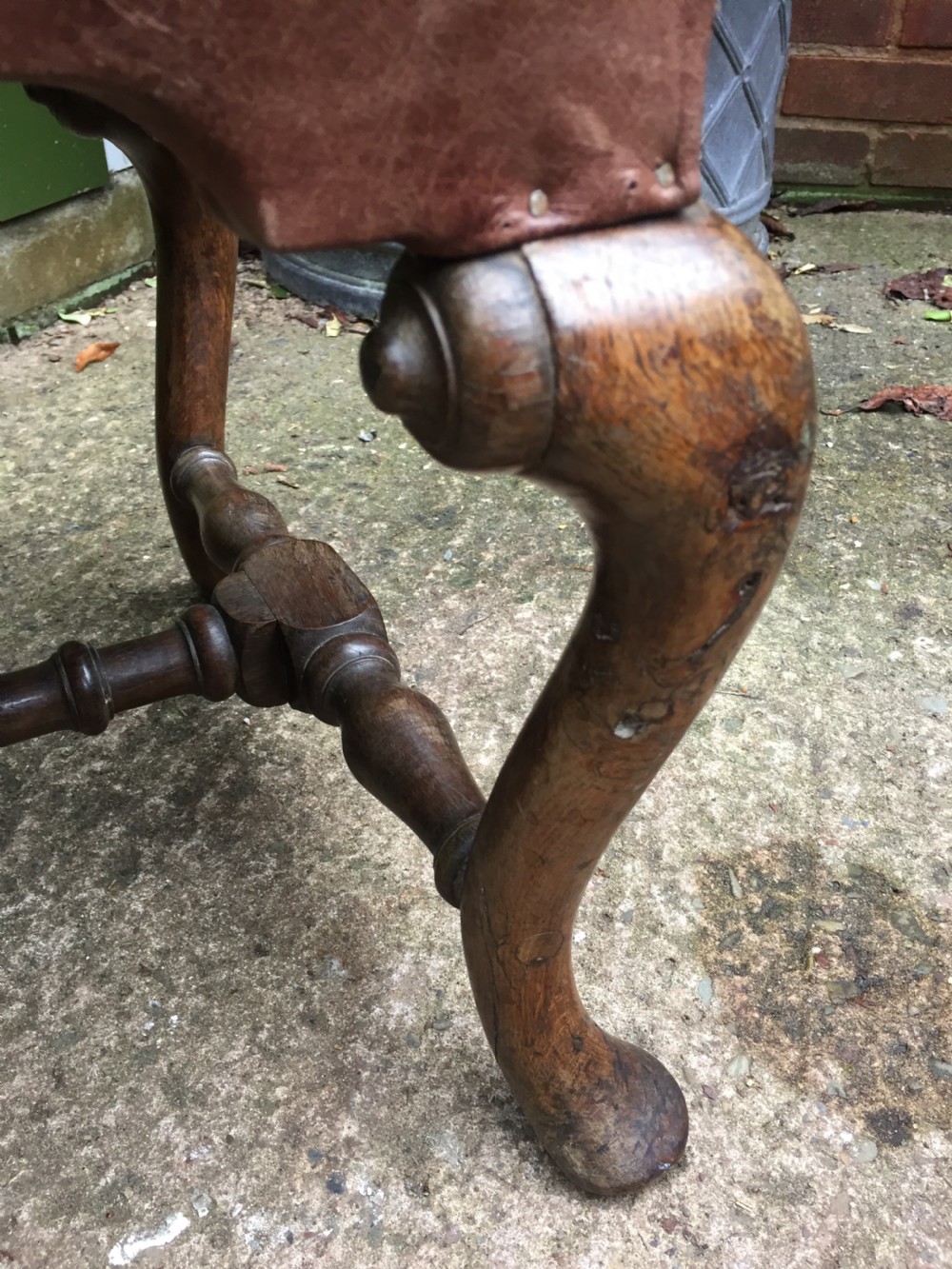 Pair of C19th oak-framed cabriole legged leather top stools in the early C18th manner. View III