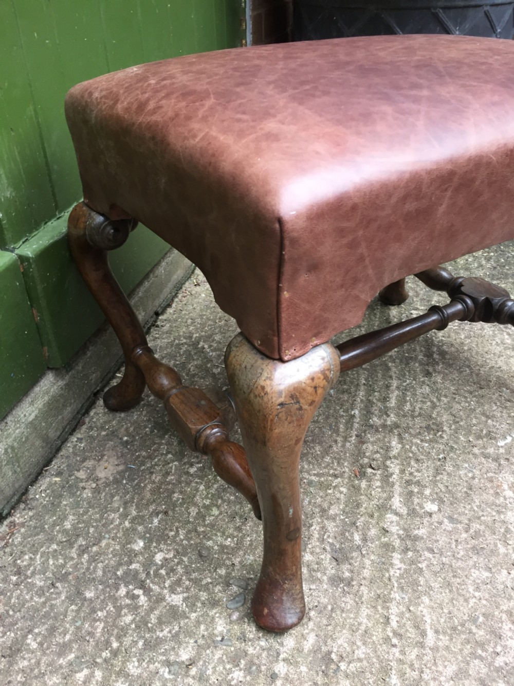 Pair of C19th oak-framed cabriole legged leather top stools in the early C18th manner. View V