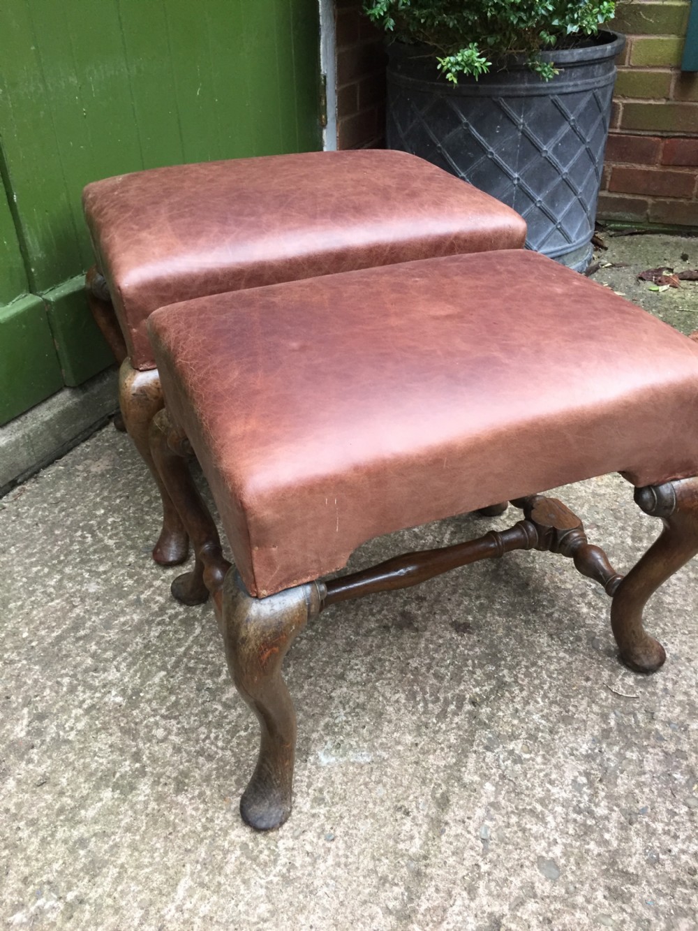 Pair of C19th oak-framed cabriole legged leather top stools in the early C18th manner. View VI