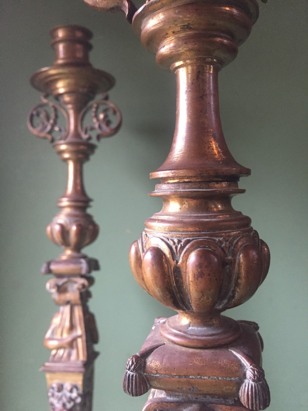 Large pair of C19th cast bronze candlesticks in the Mannerist late Renaissance style . View IX