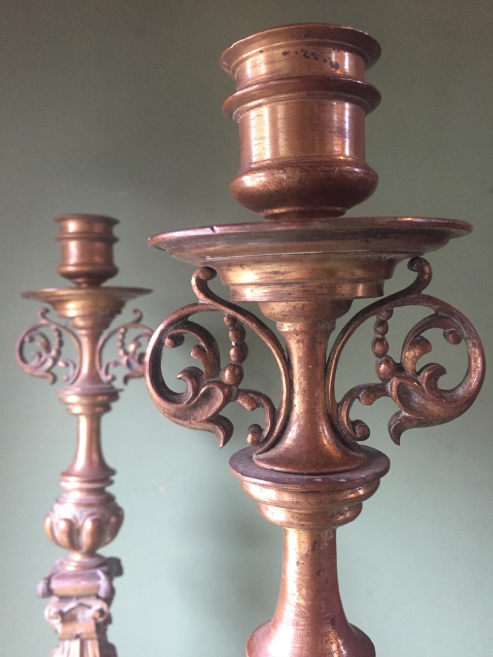 Large pair of C19th cast bronze candlesticks in the Mannerist late Renaissance style . View X