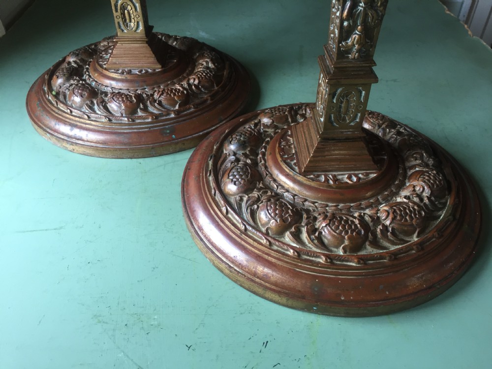 Large pair of C19th cast bronze candlesticks in the Mannerist late Renaissance style . View III