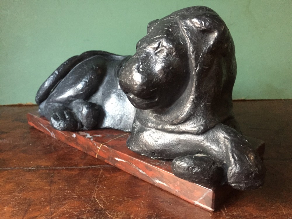 Pair of early C19th 'Grand Tour' souvenir patinated cast-lead lions mounted upon rouge griotte marble plinth bases , copies of the Egyptian lions from The Vatican, Rome. View V