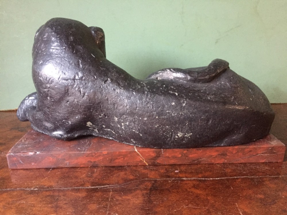Pair of early C19th 'Grand Tour' souvenir patinated cast-lead lions mounted upon rouge griotte marble plinth bases , copies of the Egyptian lions from The Vatican, Rome. View VII