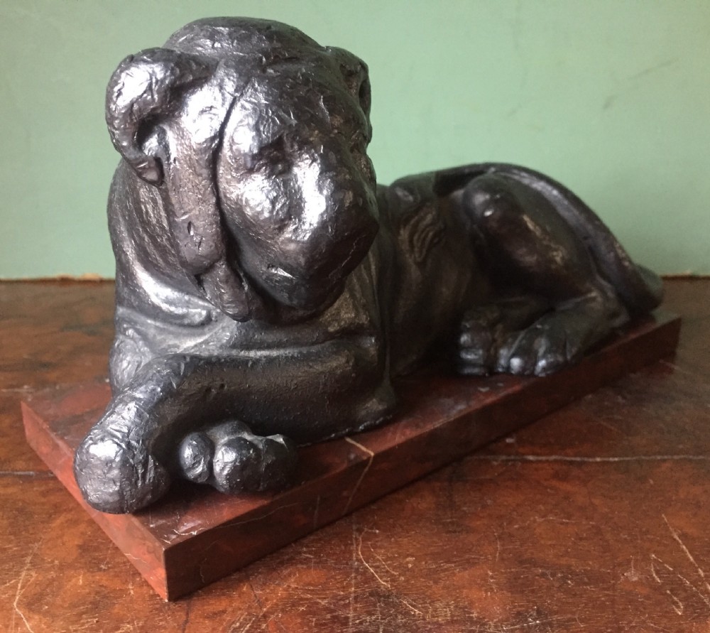 Pair of early C19th 'Grand Tour' souvenir patinated cast-lead lions mounted upon rouge griotte marble plinth bases , copies of the Egyptian lions from The Vatican, Rome. View IX
