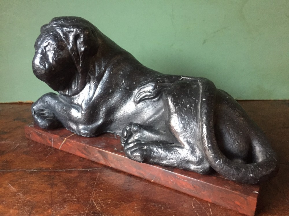 Pair of early C19th 'Grand Tour' souvenir patinated cast-lead lions mounted upon rouge griotte marble plinth bases , copies of the Egyptian lions from The Vatican, Rome. View XI