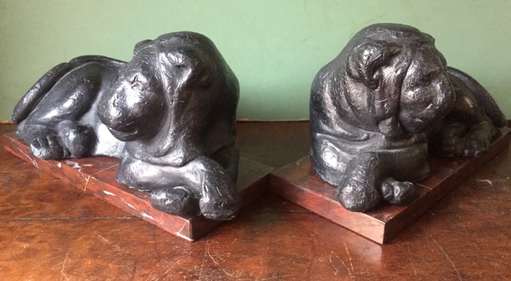 Pair of early C19th 'Grand Tour' souvenir patinated cast-lead lions mounted upon rouge griotte marble plinth bases , copies of the Egyptian lions from The Vatican, Rome. View XIII
