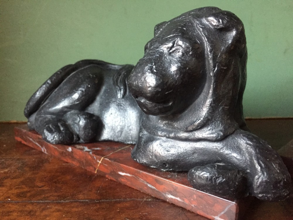 Pair of early C19th 'Grand Tour' souvenir patinated cast-lead lions mounted upon rouge griotte marble plinth bases , copies of the Egyptian lions from The Vatican, Rome. View XIV