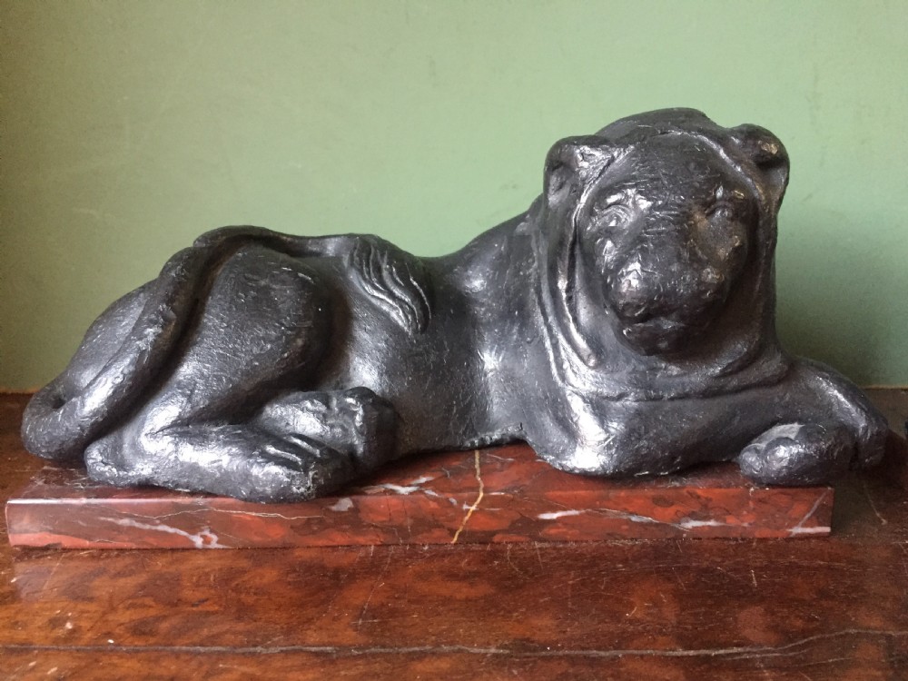 Pair of early C19th 'Grand Tour' souvenir patinated cast-lead lions mounted upon rouge griotte marble plinth bases , copies of the Egyptian lions from The Vatican, Rome. View XVI