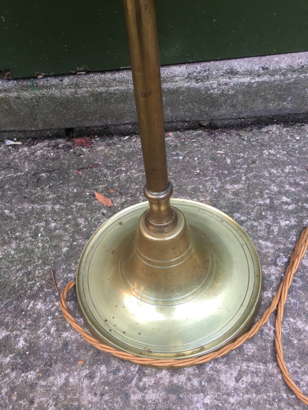 Stylish and practical early C20th brass and mahogany reading lamp with articulated lateral arm and adjustable height column . View IX