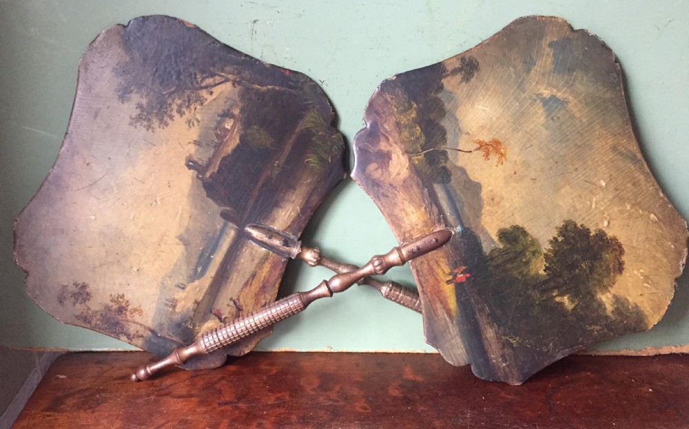 Pair of early C19th Regency period papier-mâché hand-held ladies facial fire-screens. View VII