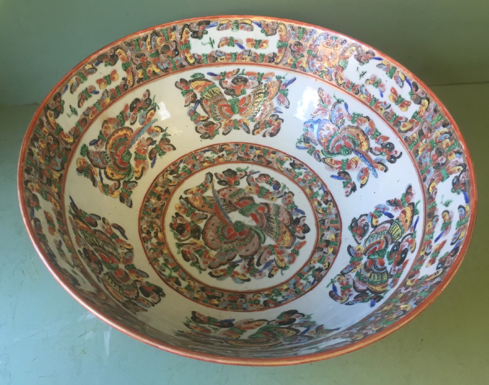 Fine quality C19th Chinese Cantonese export porcelain enamel decorated punch bowl of good large scale with unusual butterfly designs. View II