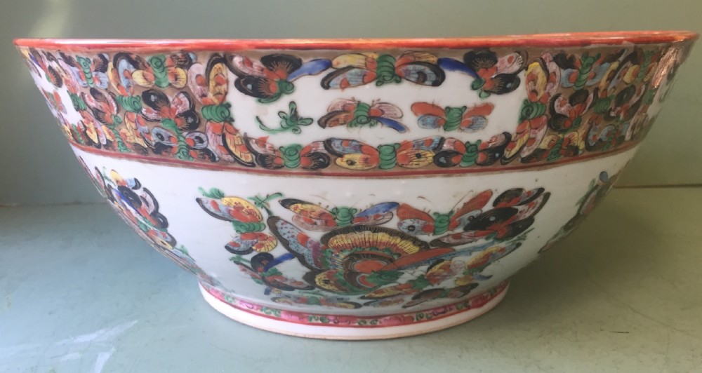 Fine quality C19th Chinese Cantonese export porcelain enamel decorated punch bowl of good large scale with unusual butterfly designs. View III