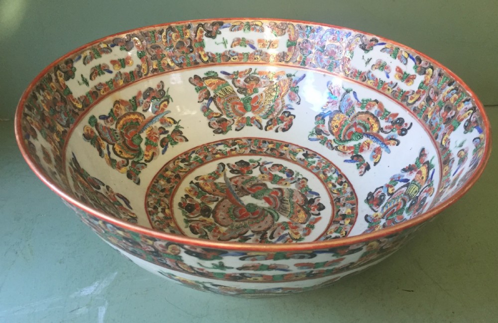 Fine quality C19th Chinese Cantonese export porcelain enamel decorated punch bowl of good large scale with unusual butterfly designs. View IV