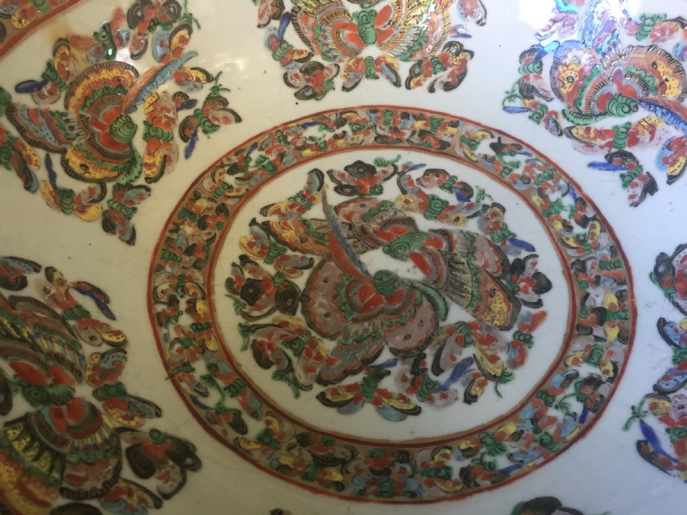 Fine quality C19th Chinese Cantonese export porcelain enamel decorated punch bowl of good large scale with unusual butterfly designs. View V