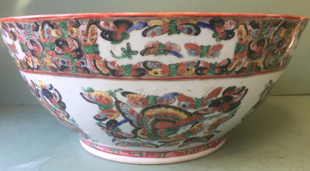 Fine quality C19th Chinese Cantonese export porcelain enamel decorated punch bowl of good large scale with unusual butterfly designs. View VI
