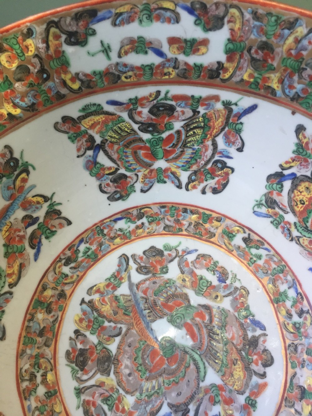 Fine quality C19th Chinese Cantonese export porcelain enamel decorated punch bowl of good large scale with unusual butterfly designs. View VIII
