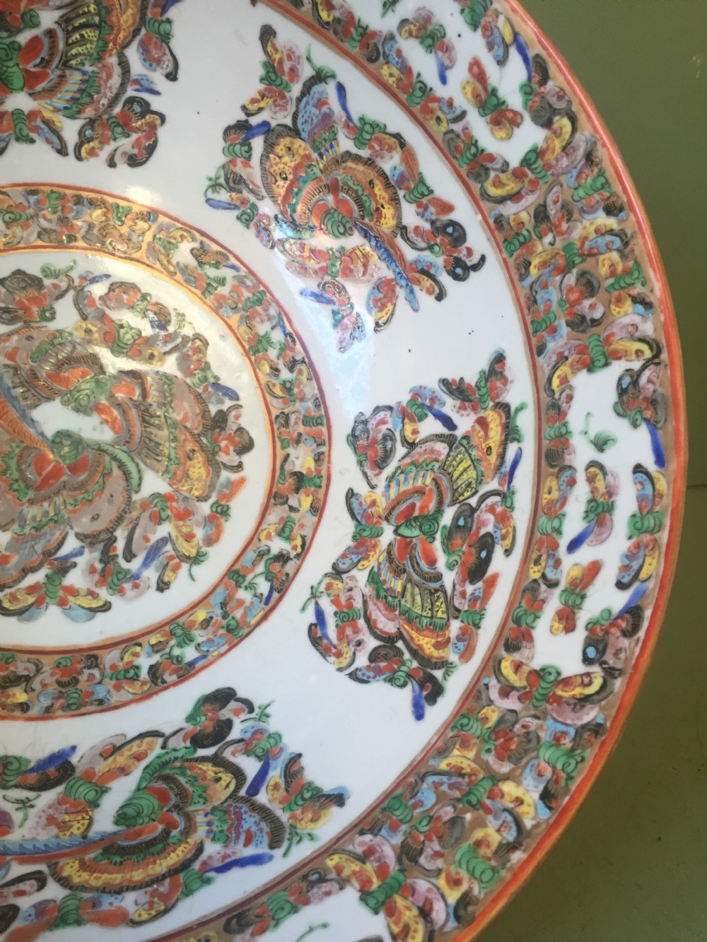 Fine quality C19th Chinese Cantonese export porcelain enamel decorated punch bowl of good large scale with unusual butterfly designs. View X