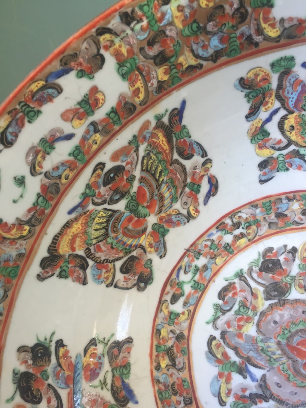 Fine quality C19th Chinese Cantonese export porcelain enamel decorated punch bowl of good large scale with unusual butterfly designs. View XIII