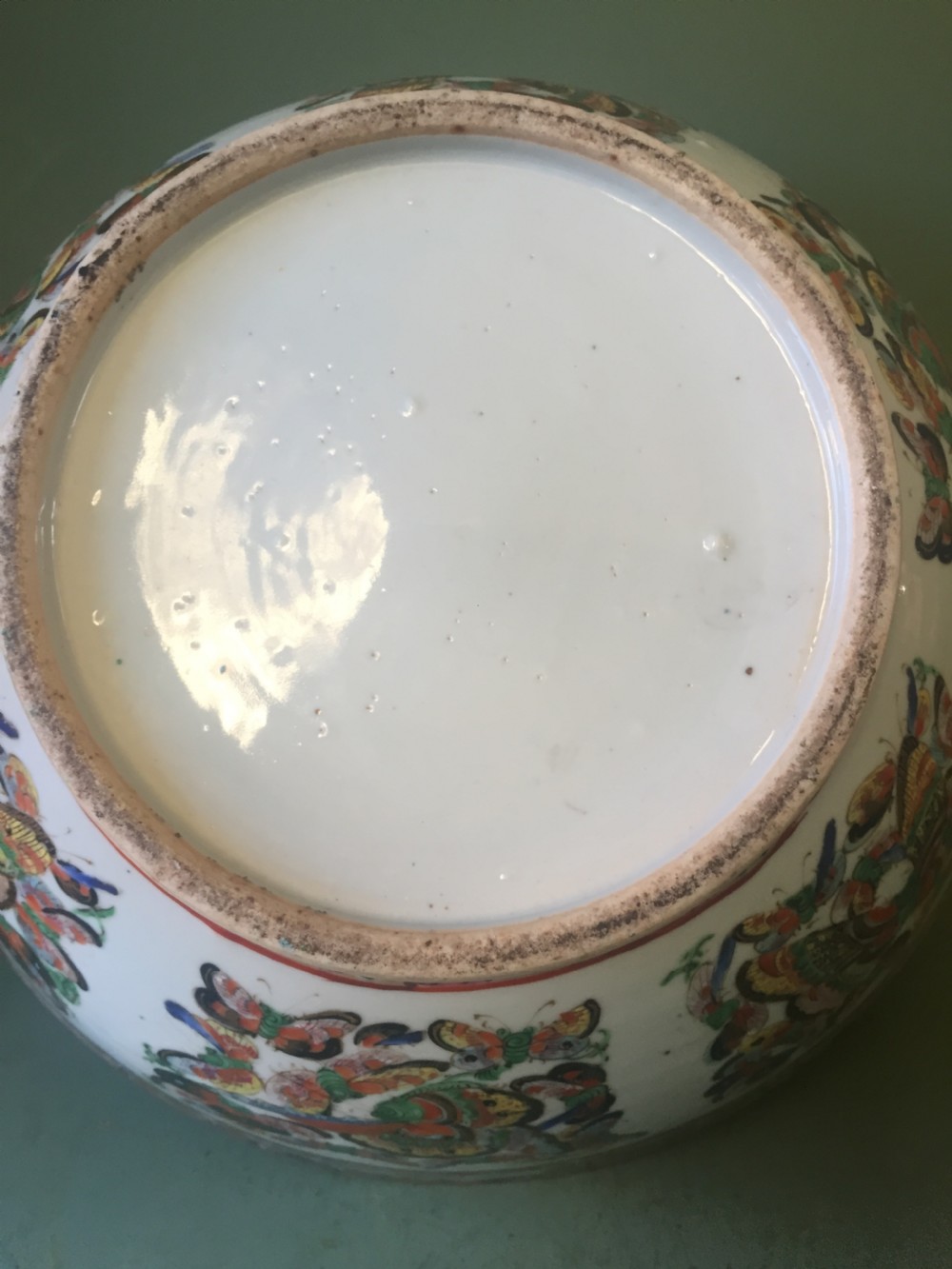 Fine quality C19th Chinese Cantonese export porcelain enamel decorated punch bowl of good large scale with unusual butterfly designs. View XIV