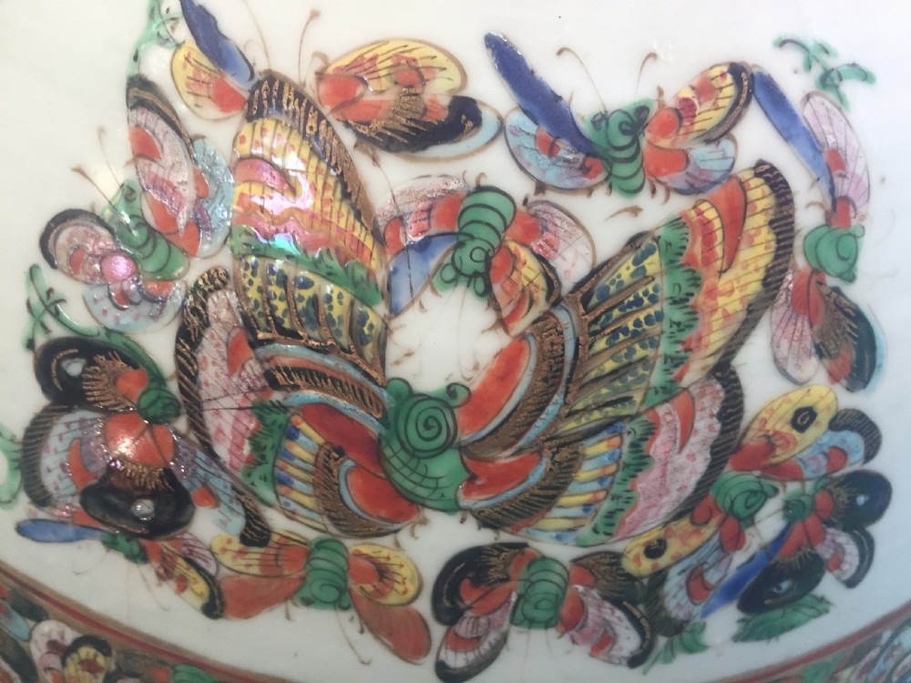 Fine quality C19th Chinese Cantonese export porcelain enamel decorated punch bowl of good large scale with unusual butterfly designs. View XV