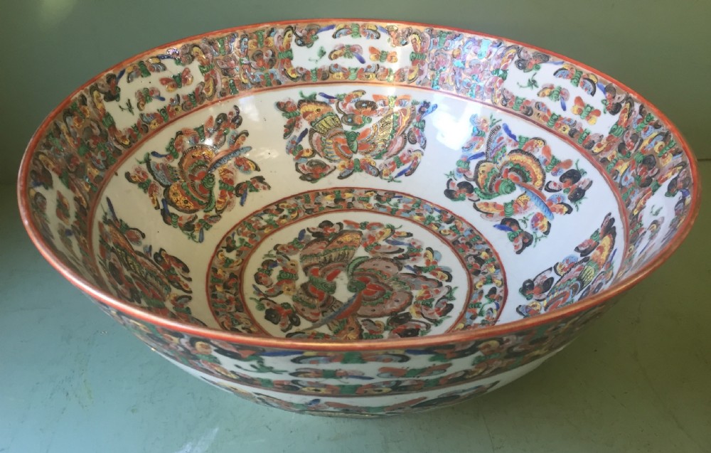 Fine quality C19th Chinese Cantonese export porcelain enamel decorated punch bowl of good large scale with unusual butterfly designs. View XVII