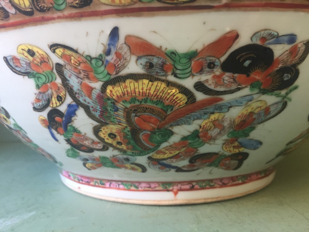 Fine quality C19th Chinese Cantonese export porcelain enamel decorated punch bowl of good large scale with unusual butterfly designs. View XVIII