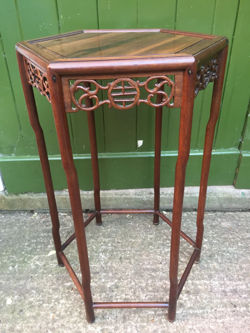 Late C19th Chinese Qing Dynasty carved hardwood hexagonal lamp table or vase stand. View III