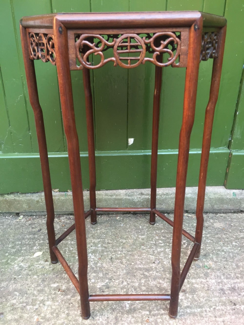 Late C19th Chinese Qing Dynasty carved hardwood hexagonal lamp table or vase stand. View IX