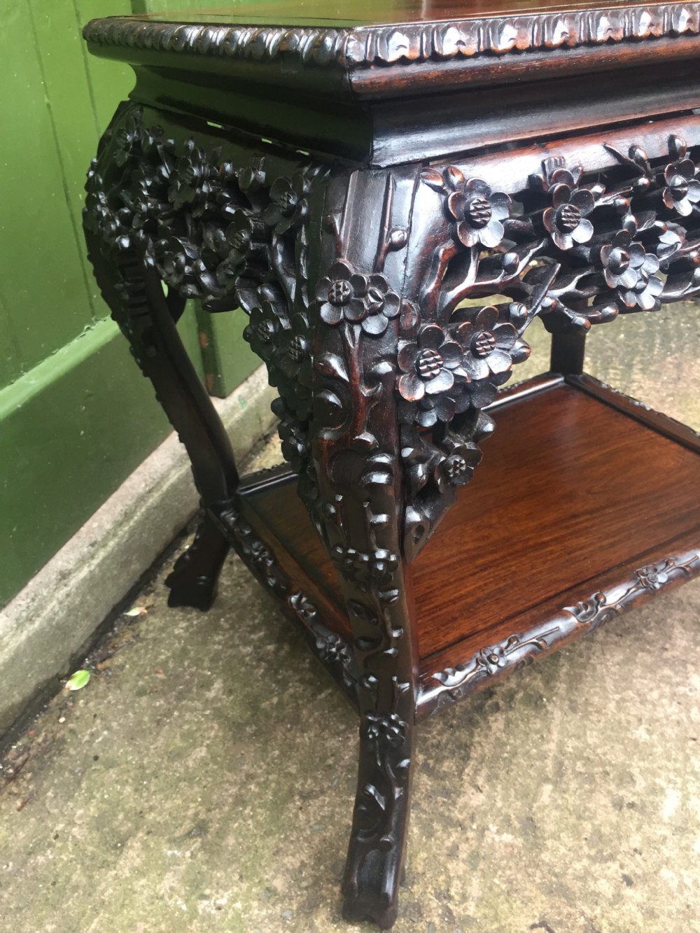 Late C19th Chinese Qing Dynasty carved hardwood free-standing low centre table or display stand. View III