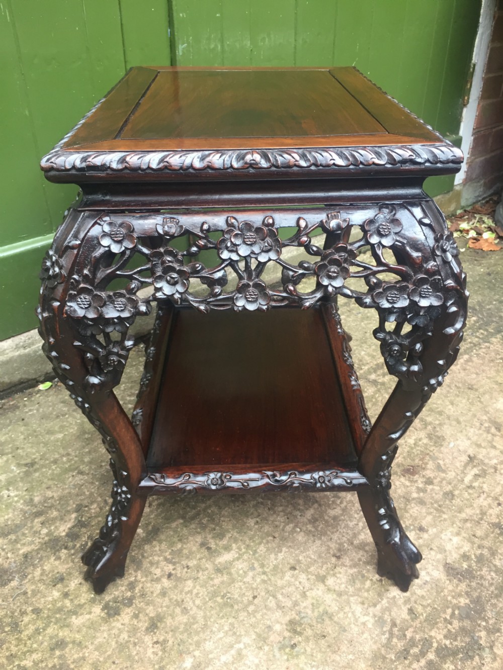 Late C19th Chinese Qing Dynasty carved hardwood free-standing low centre table or display stand. View IX