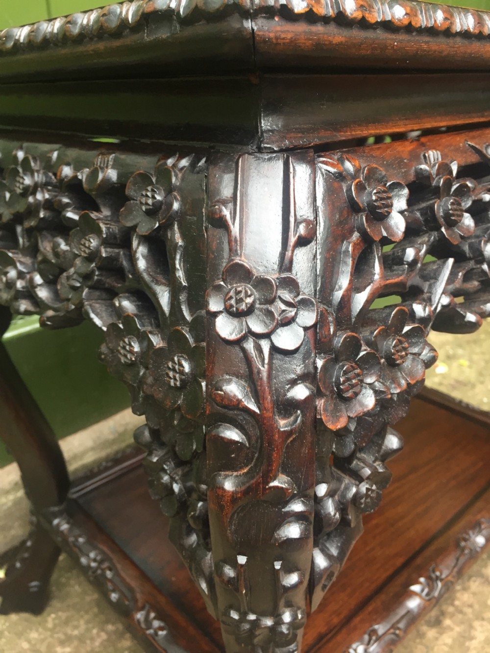 Late C19th Chinese Qing Dynasty carved hardwood free-standing low centre table or display stand. View XIV