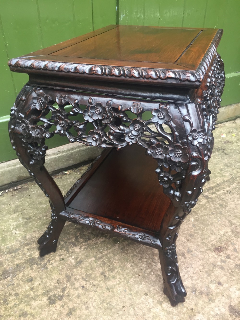Late C19th Chinese Qing Dynasty carved hardwood free-standing low centre table or display stand. View XV
