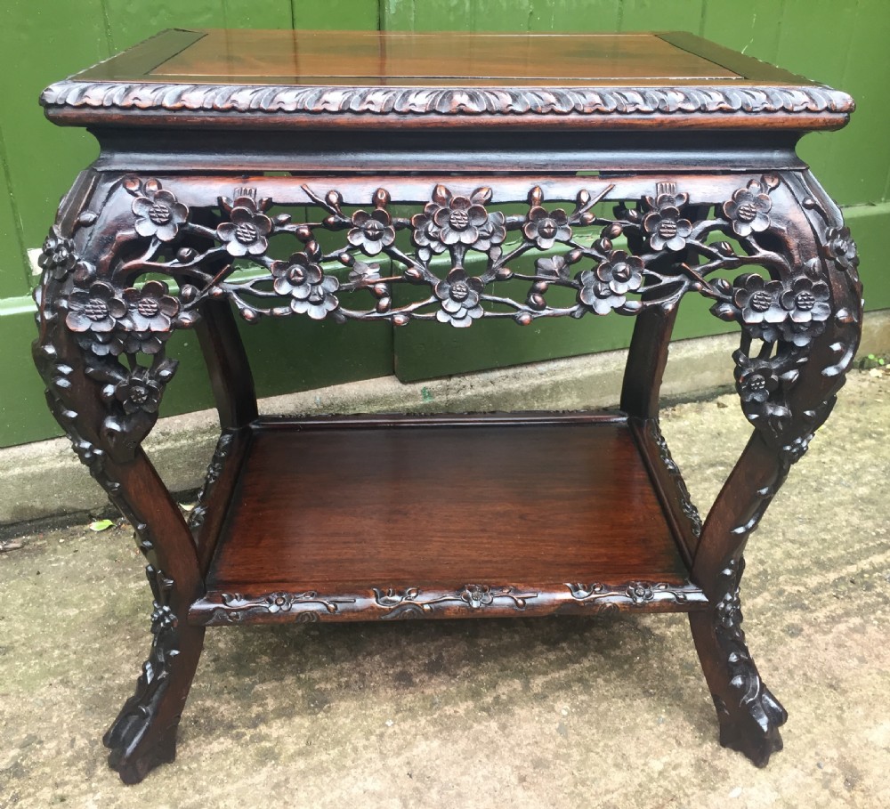 Late C19th Chinese Qing Dynasty carved hardwood free-standing low centre table or display stand. View XVIII