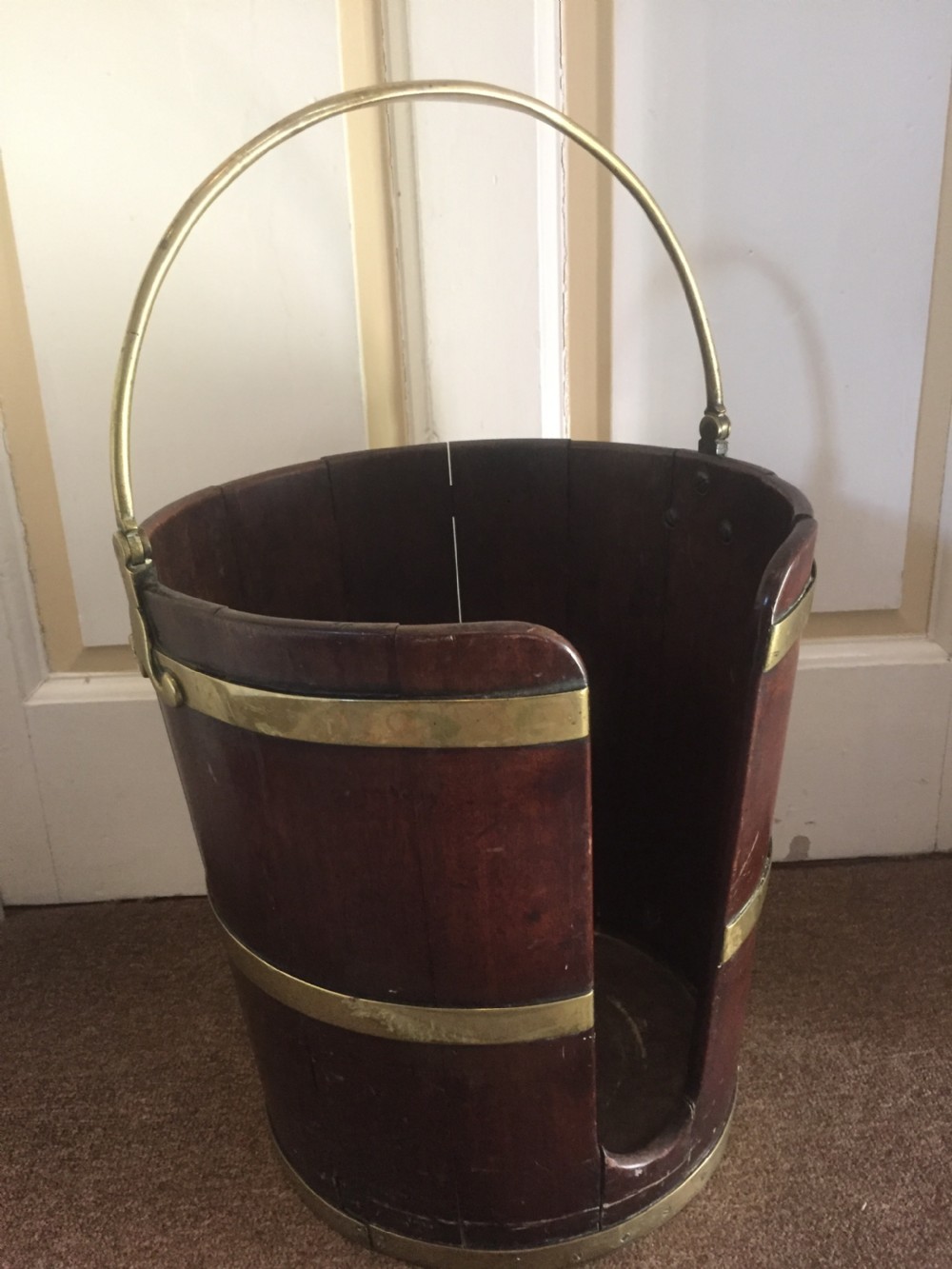 Late C18th George III period brass-bound mahogany plate-bucket. View II