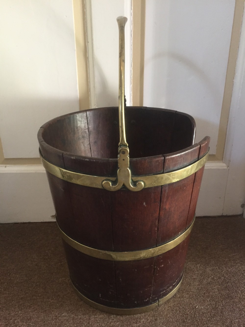 Late C18th George III period brass-bound mahogany plate-bucket. View III