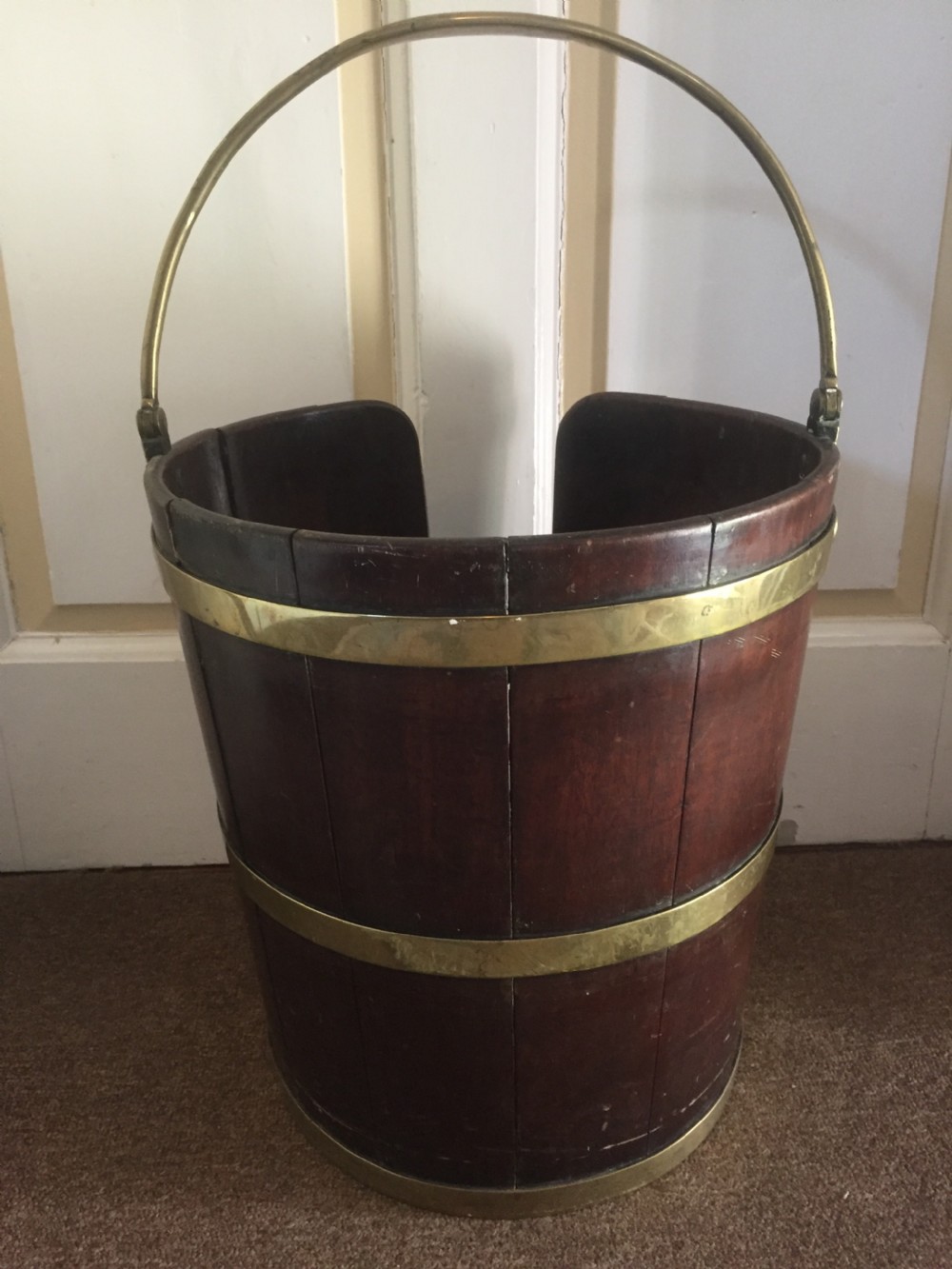 Late C18th George III period brass-bound mahogany plate-bucket. View V