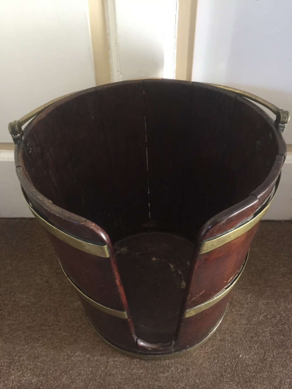 Late C18th George III period brass-bound mahogany plate-bucket. View X