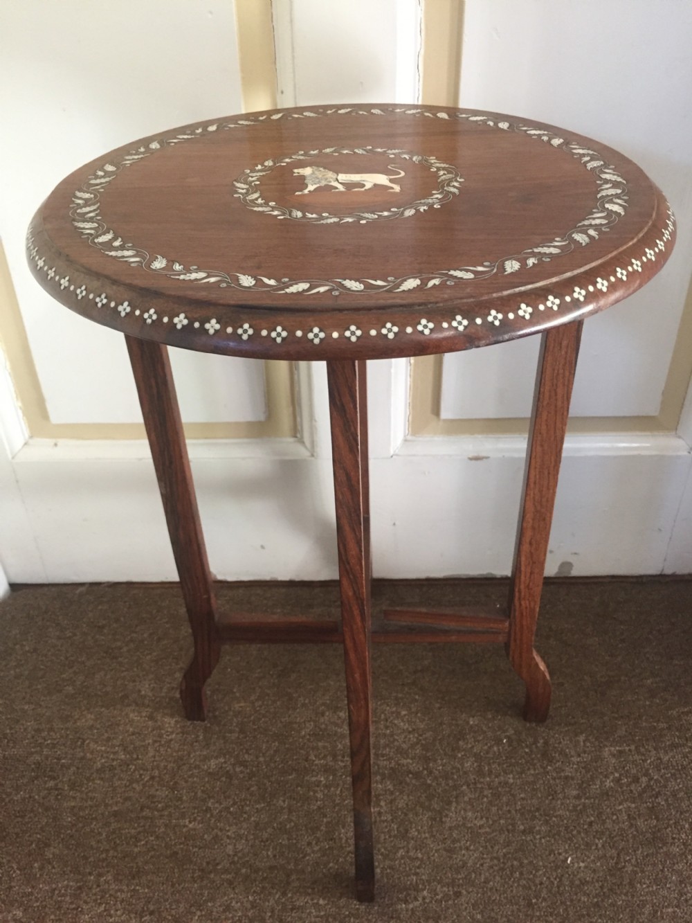 Early C20th Indian ivory inlaid rosewood occasional table. View IV