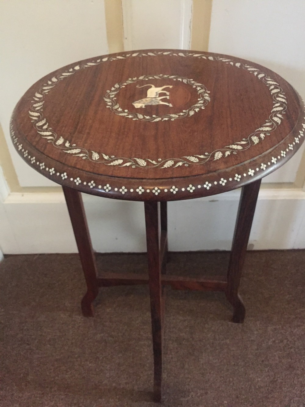 Early C20th Indian ivory inlaid rosewood occasional table. View IX