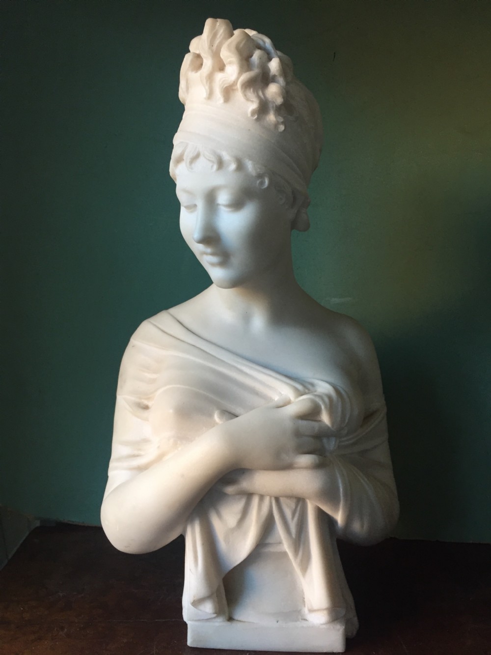 C19th French carved marble bust of Madame Juliette Recamier , after the original study by Joseph Chinard. View II