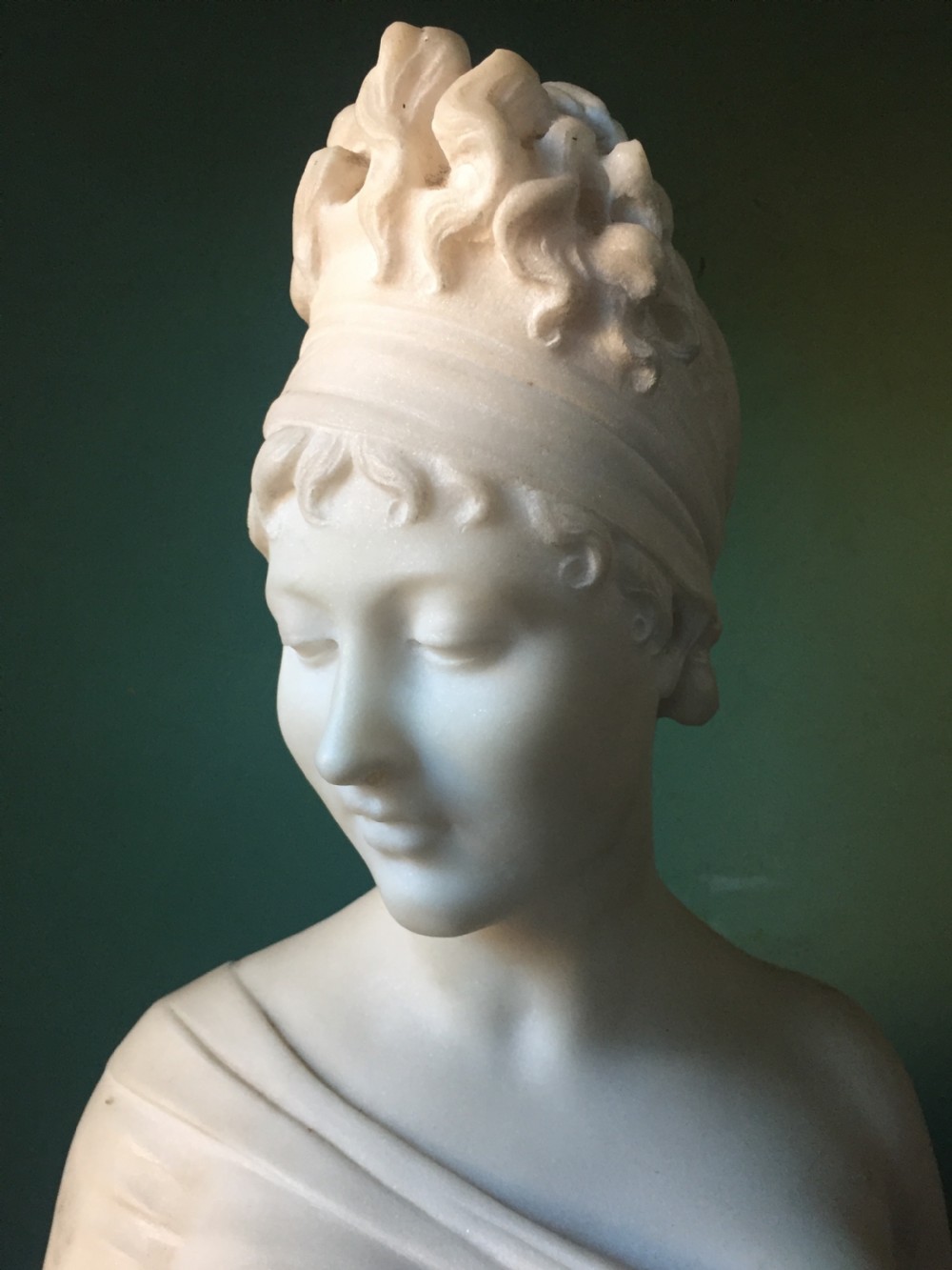 C19th French carved marble bust of Madame Juliette Recamier , after the original study by Joseph Chinard. View IX